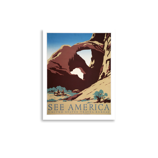 Vintage-style poster of a desert landscape with 'See America' text on a white background