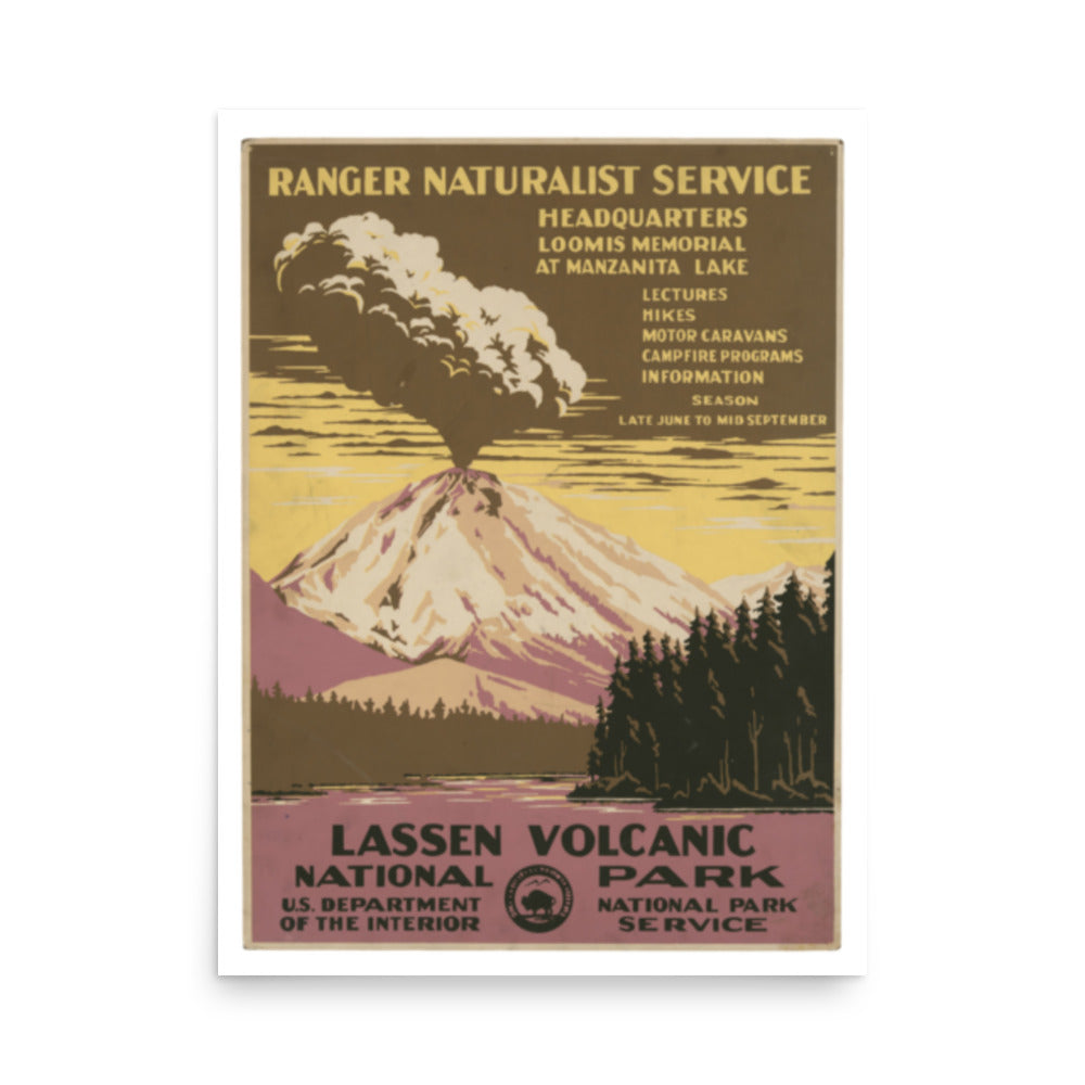 Vintage-style poster for Lassen Volcanic National Park with mountain and text.