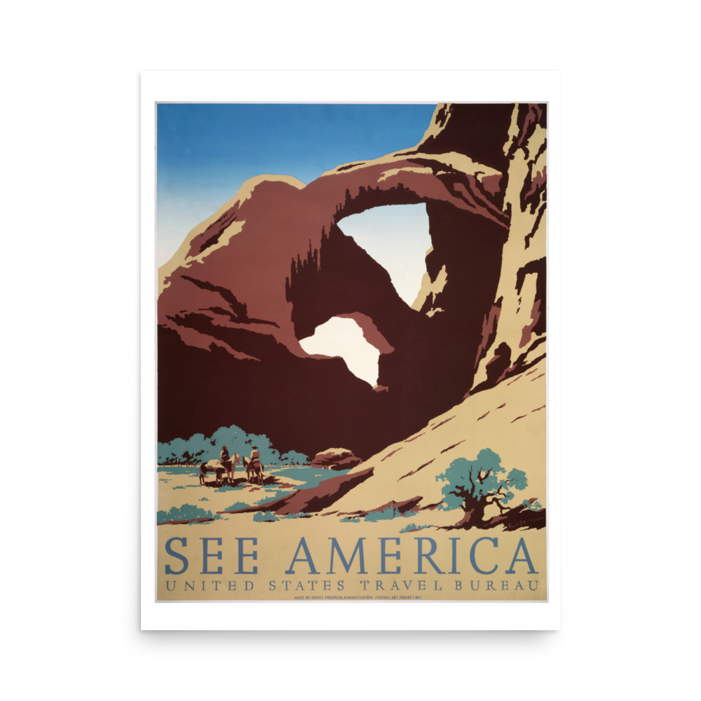 Vintage-style poster of a natural arch with 'See America' text on a white background