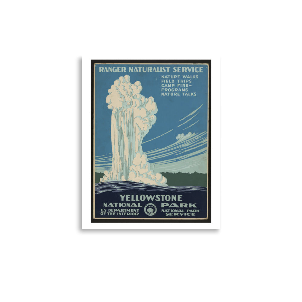 Vintage-style poster for Yellowstone National Park with a mountain and text on a blue background