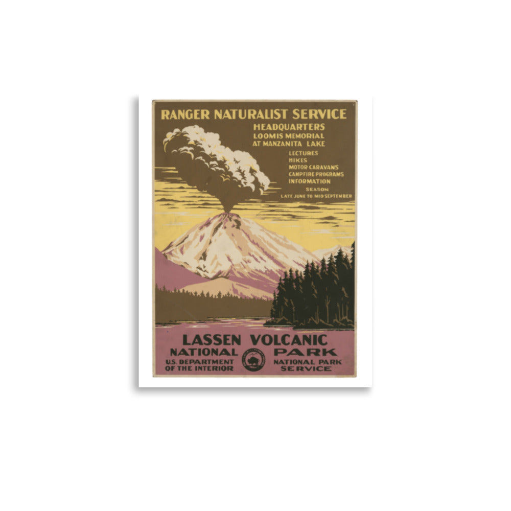 Vintage-style poster for Lassen Volcanic National Park with mountain and trees illustration.