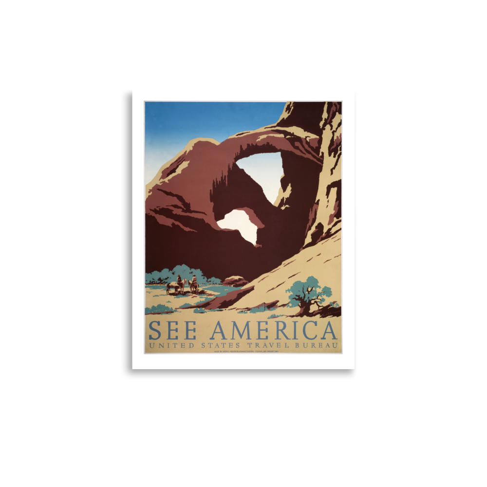 Vintage-style poster of a desert landscape with 'See America' text on a white background