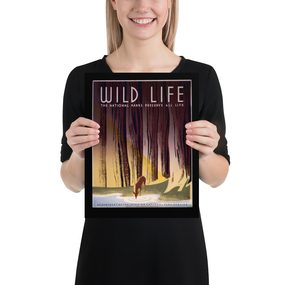 Person holding a framed poster with 'Wild Life' and nature design.
