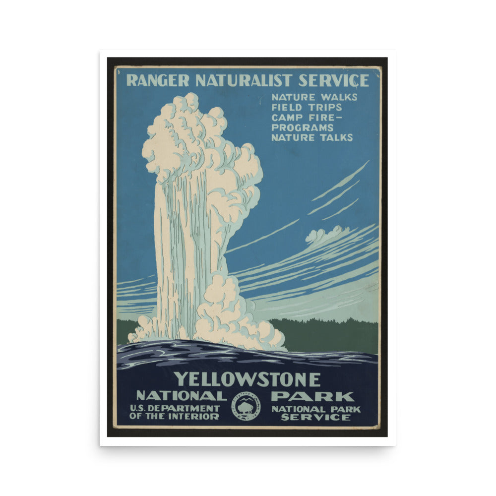Vintage-style poster for Yellowstone National Park featuring a waterfall illustration.