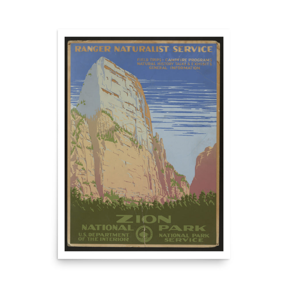 Vintage-style poster of Zion National Park with a mountain and text.