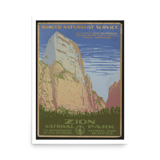 Vintage-style poster of Zion National Park with a mountain and text.