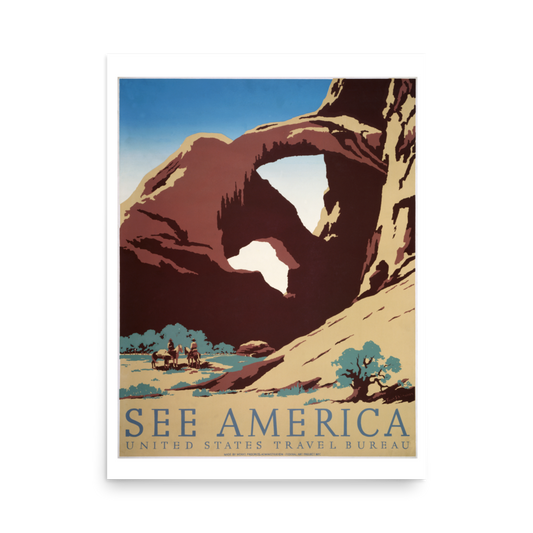 Vintage-style poster of a natural arch with 'See America' text on a white background